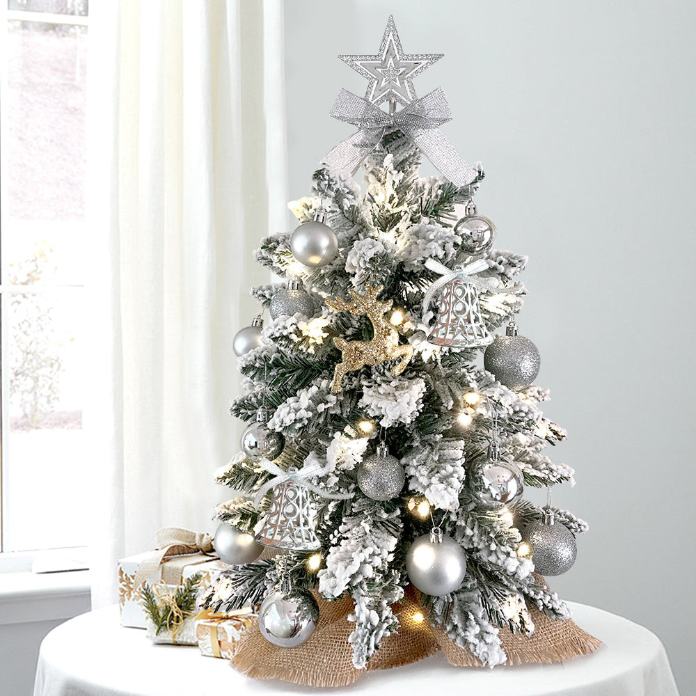 2ft Mini Christmas Tree with Light Artificial Small Tabletop Christmas Decoration with Flocked Snow;  Exquisite Decor & Xmas Ornaments for Table Top for Home & Office