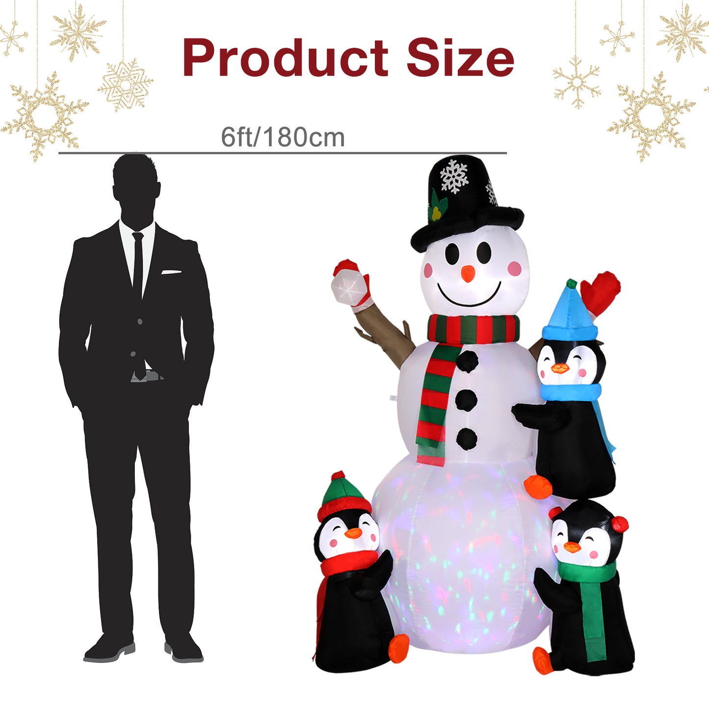 6ft With 3 Penguins, 4 Light Strings, 1 Colorful Rotating Light, Inflatable, Garden Snowman Decoration