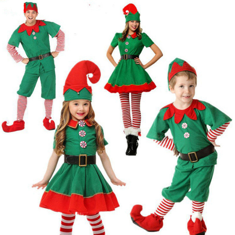 Children'S Adult Christmas Elf Costume Parent-Child Costume Cosplay Halloween Elf Men And Women Green Christmas Dress