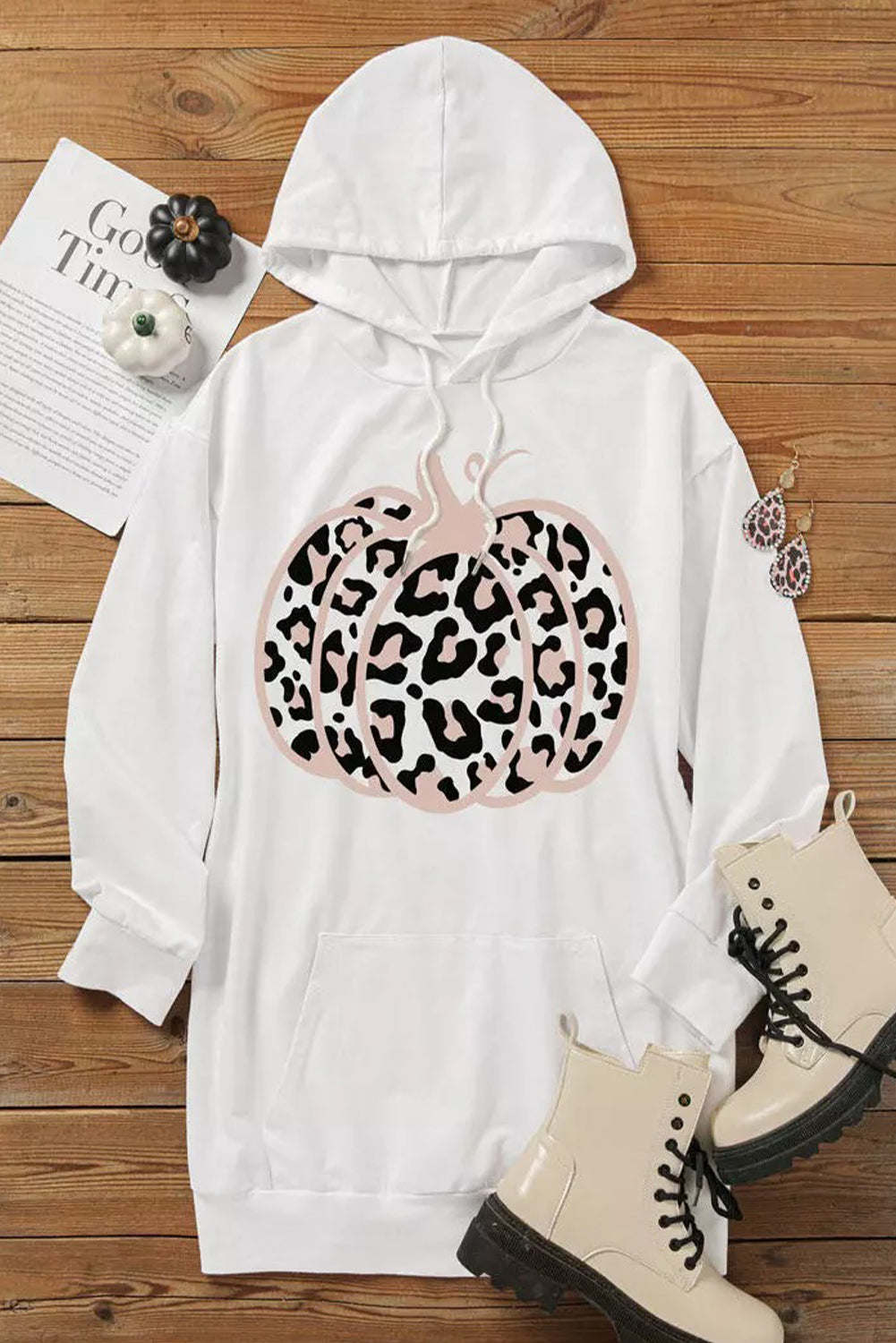 White Halloween Pumpkin Leopard Hooded Sweatshirt Dress