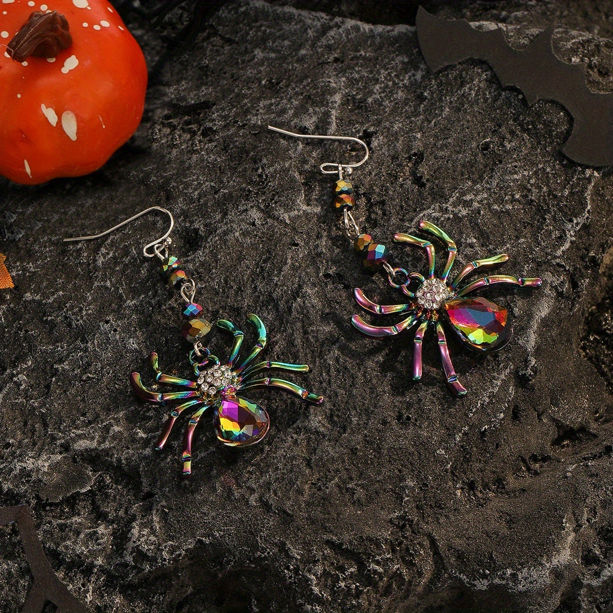 Halloween Colorful Rhinestone Spider Design Dangle Earrings Cute Vocation Style Zinc Alloy Jewelry Female Gift