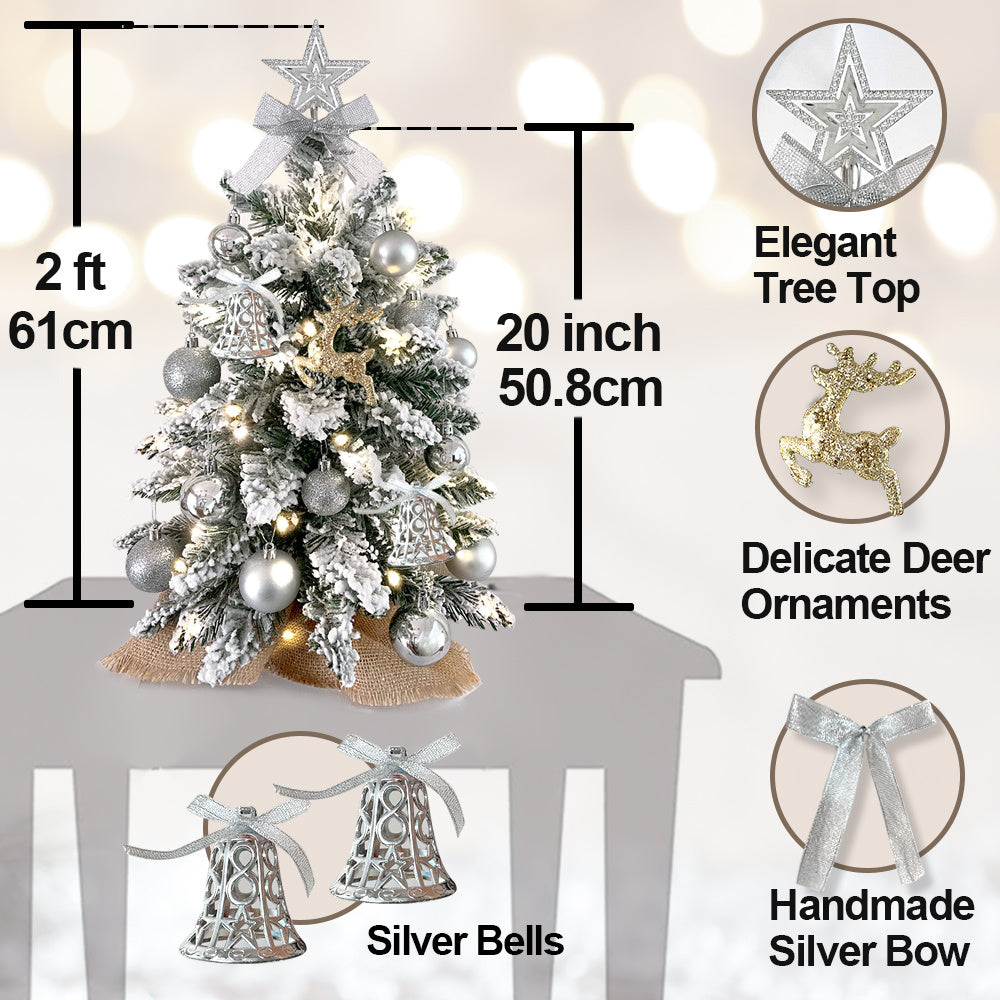 2ft Mini Christmas Tree with Light Artificial Small Tabletop Christmas Decoration with Flocked Snow;  Exquisite Decor & Xmas Ornaments for Table Top for Home & Office