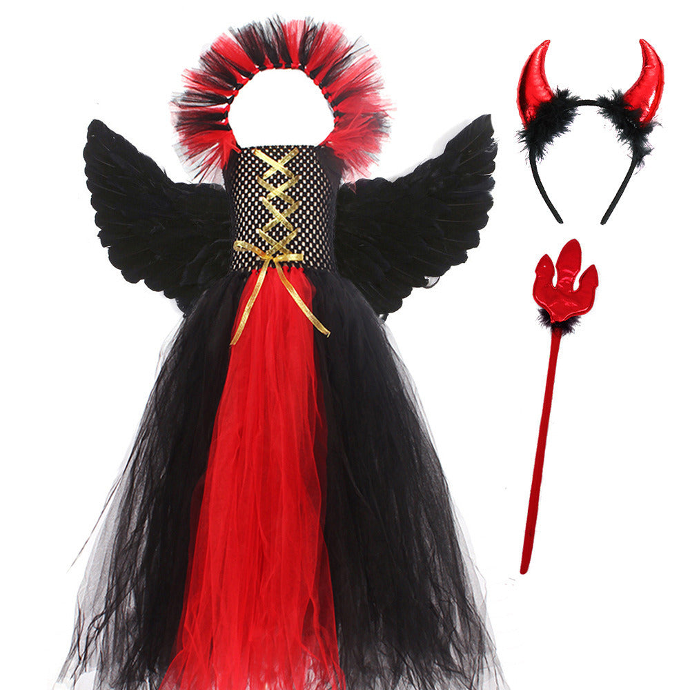 3Pcs Girls Halloween Devil Costume with Horn Headpiece Wings