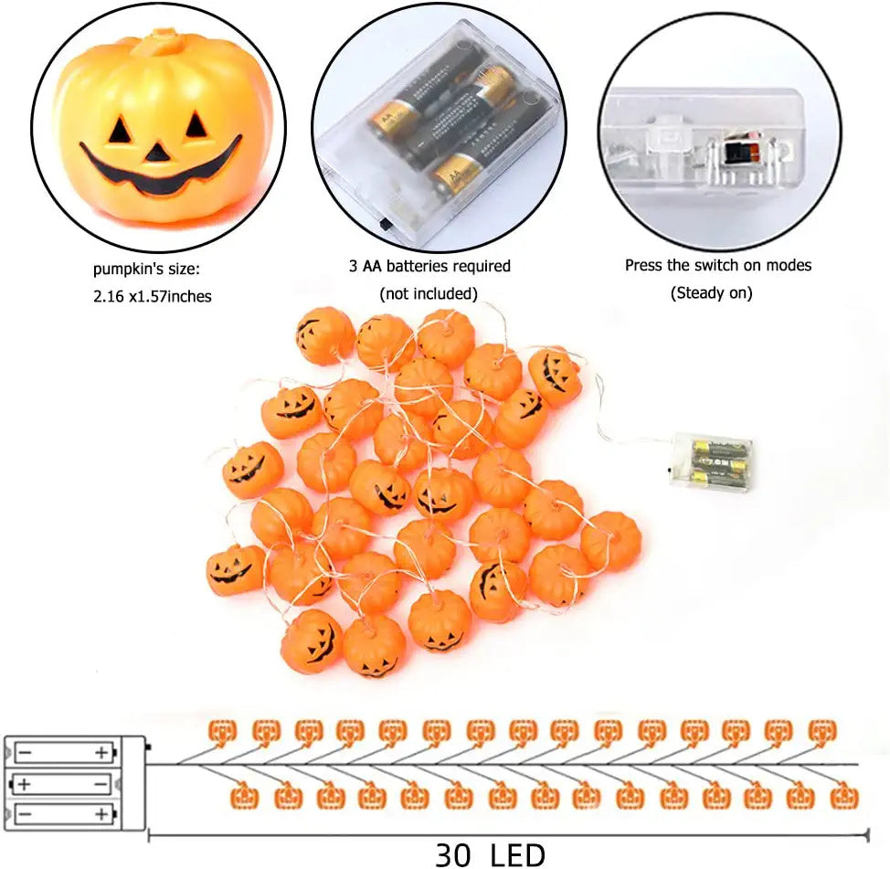 Halloween Pumpkin String Lights, Holiday LED Lights for Indoor Outdoor Decor,30 LED 11.81ft 3D Waterproof Orange Jack-O-Lantern Battery Operated Party Decorations