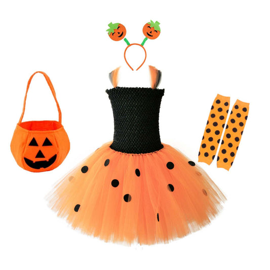 Children's Halloween Pumpkin Tutu Dress With 3-Pieces Jewelry