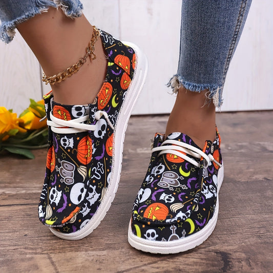 Women's Halloween Horror Style Pumpkins & Ghost & Bat Pattern Skateboard Shoes, Non-slip Flat Shoes With Soft Bottom, Lightweight Lace Up Outdoor Shoes