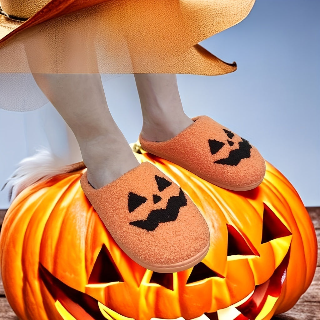 Halloween Pumpkin Pattern Slippers, Casual Slip On Plush Lined Slippers, Comfortable Indoor Home Shoes