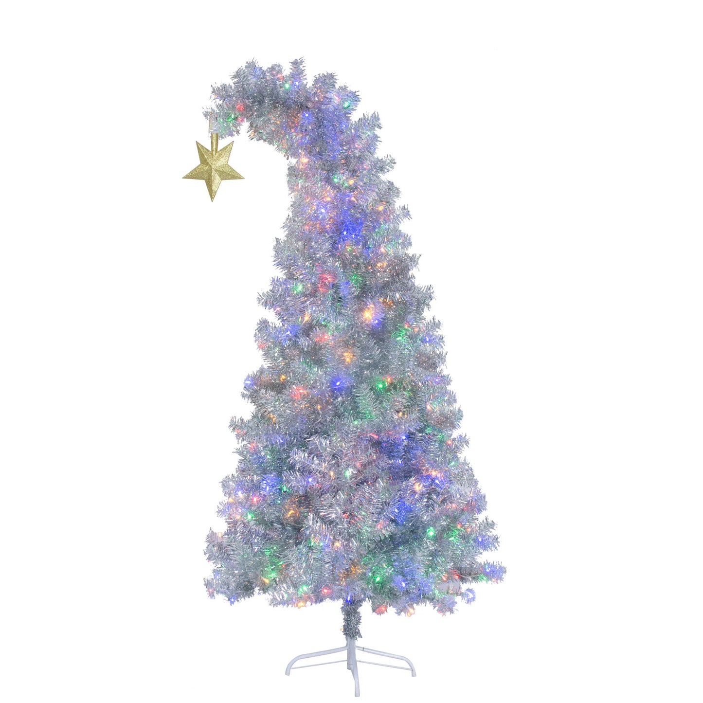 6 FT White Christmas Tree with 300 Colorful LED Lights, Bent Top With Gold Star