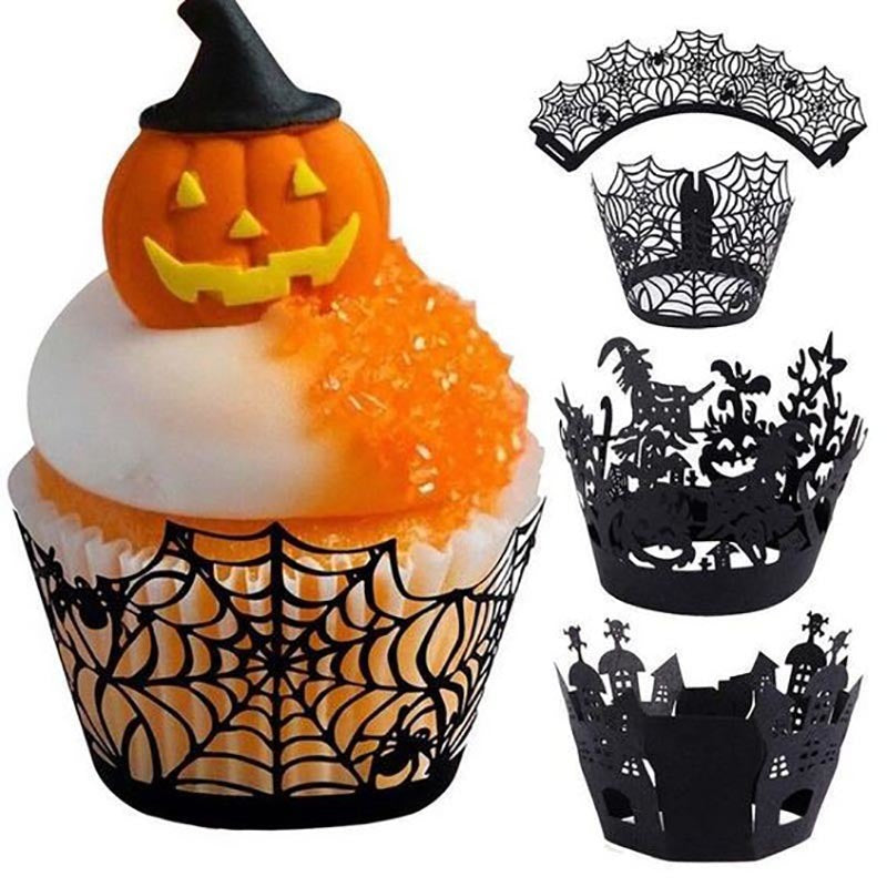 12set Halloween Cupcake Wrappers Black Spiderweb Castle Laser Cut Cupcake Wrap Liners Halloween Party Cake Decoration Baking Cup