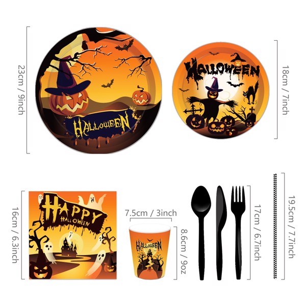 Halloween Pumpkin Paper Plates Party Plates and Napkins Birthday Disposable Tableware Party Supplie Set Party Dinnerware Serves 8 Guests for Plates, Napkins, Cups 68PCS