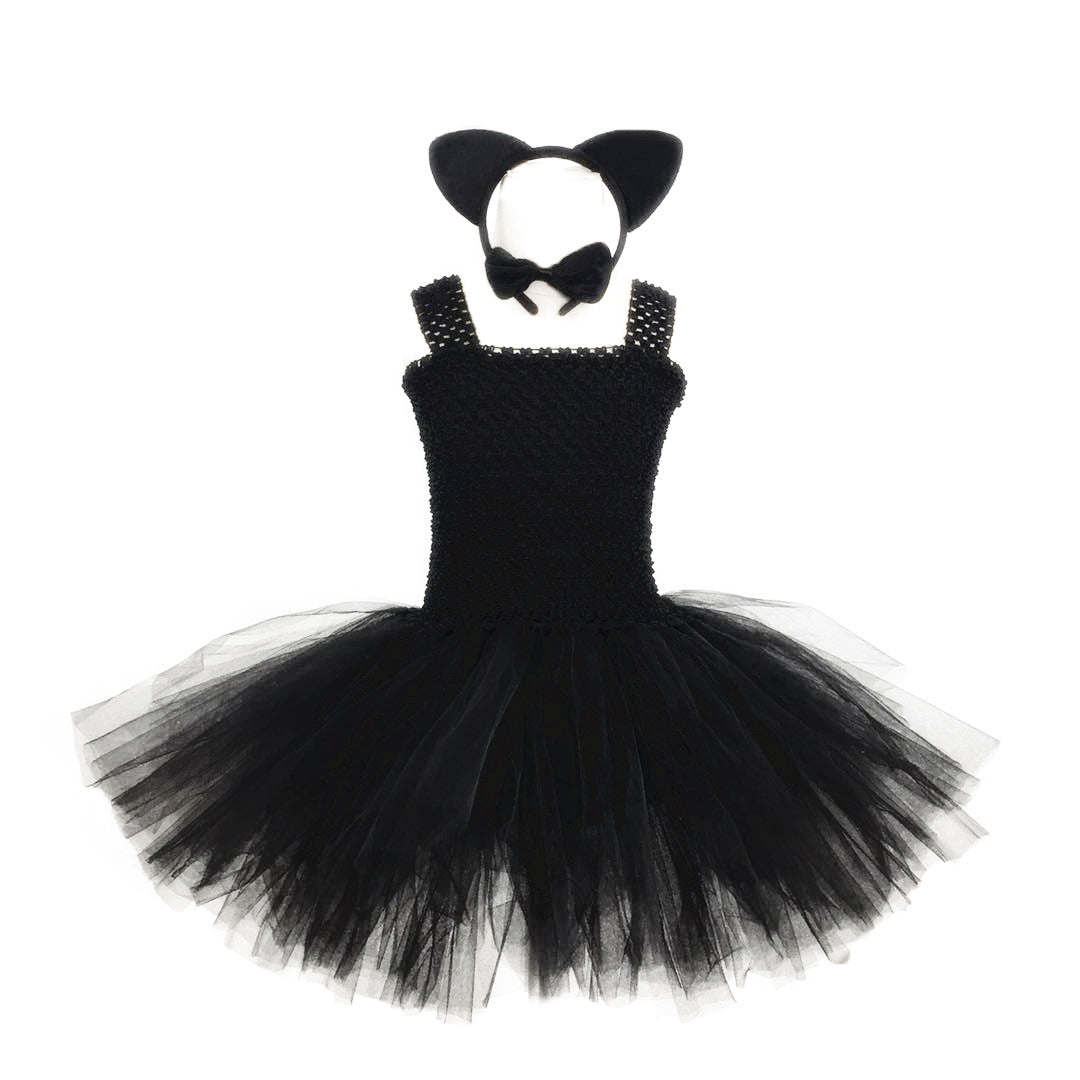 Children's Halloween Solid Color Cat Costume Mesh Tutu Dress & 1-Piece Jewelry Sets