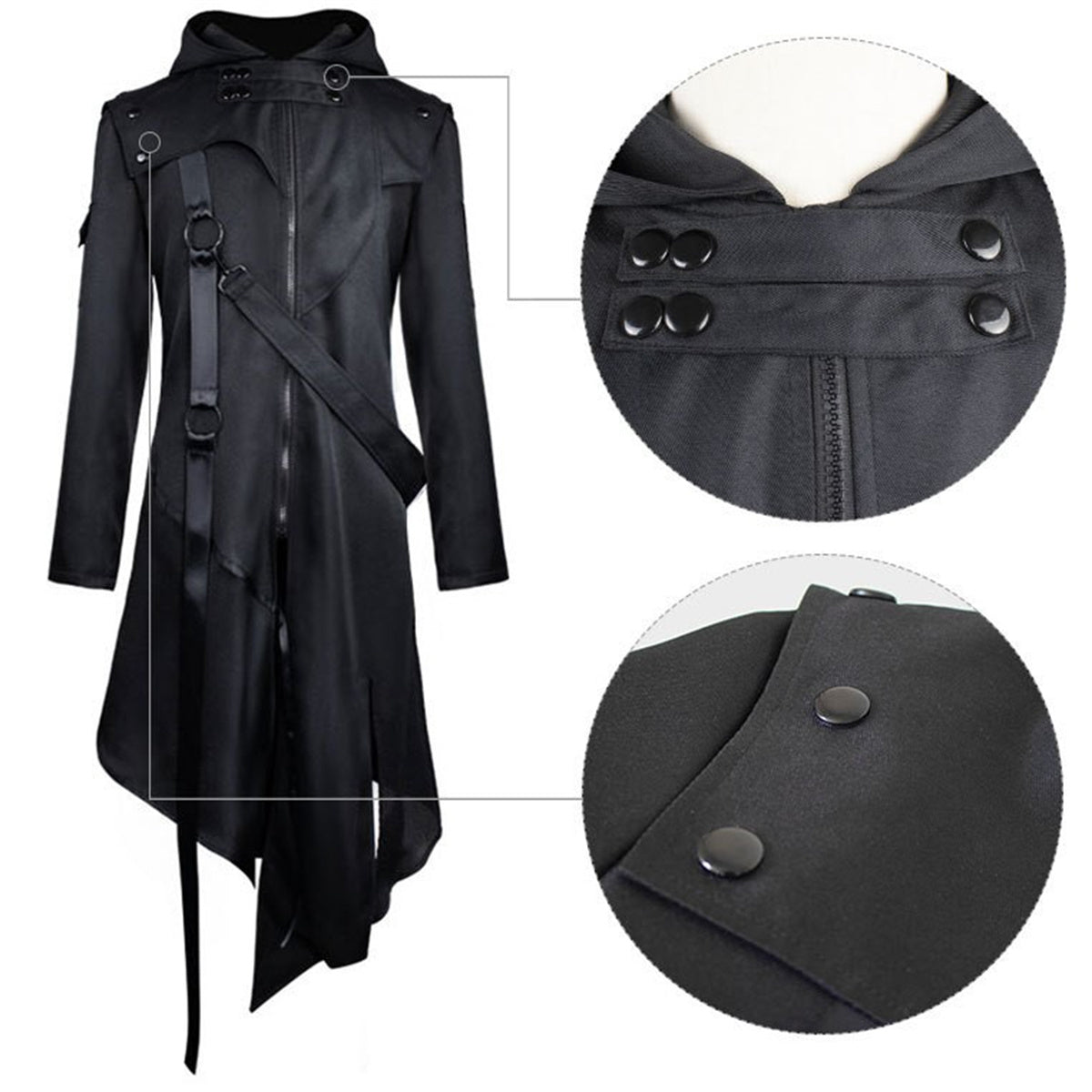 Halloween Costumes for Men, Retro Steam Punk Gothic Cape Jacket Long Sleeve Hooded Metal Button Long Trench Coat