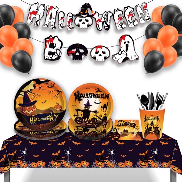 Halloween Pumpkin Paper Plates Party Plates and Napkins Birthday Disposable Tableware Party Supplie Set Party Dinnerware Serves 8 Guests for Plates, Napkins, Cups 68PCS