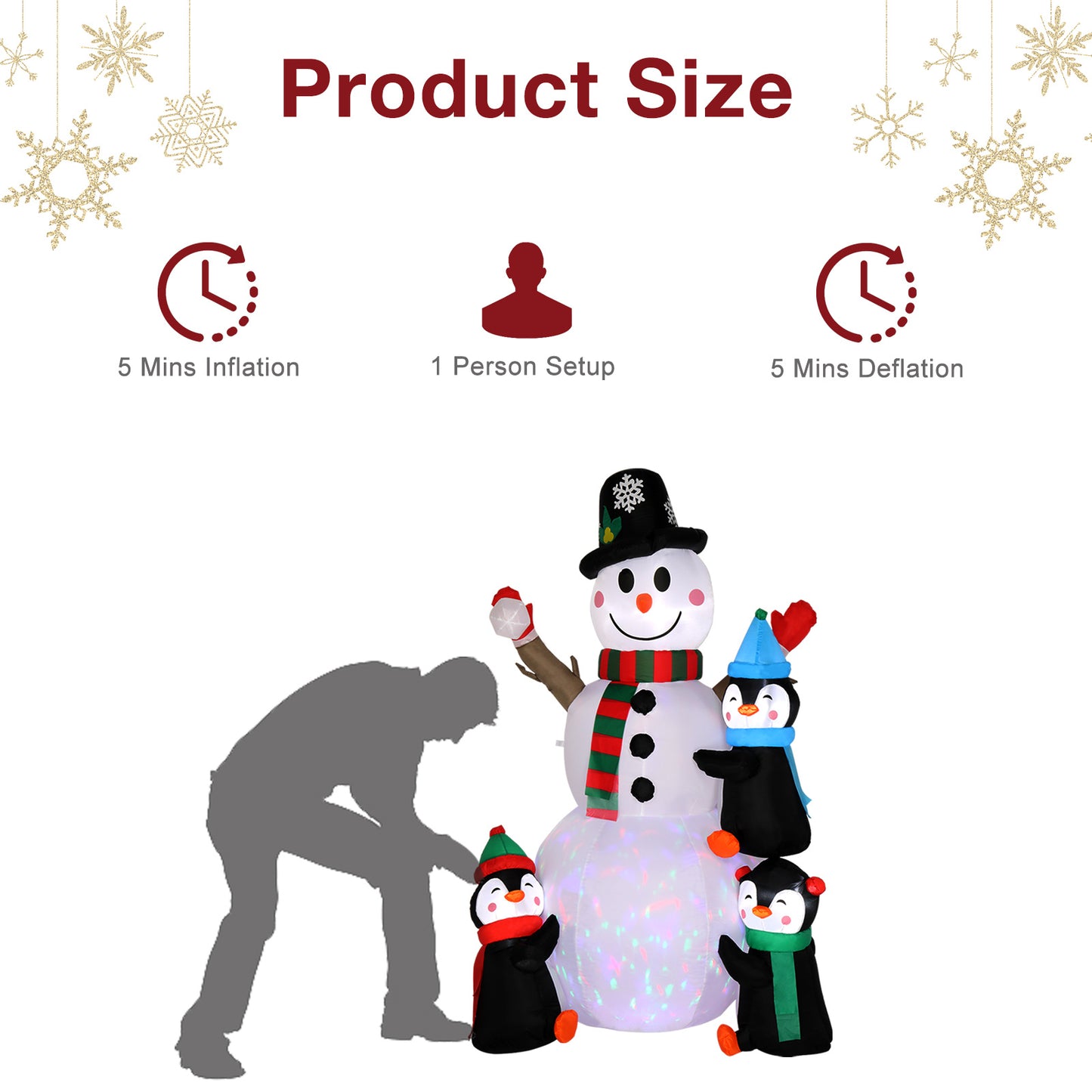 6ft With 3 Penguins, 4 Light Strings, 1 Colorful Rotating Light, Inflatable, Garden Snowman Decoration