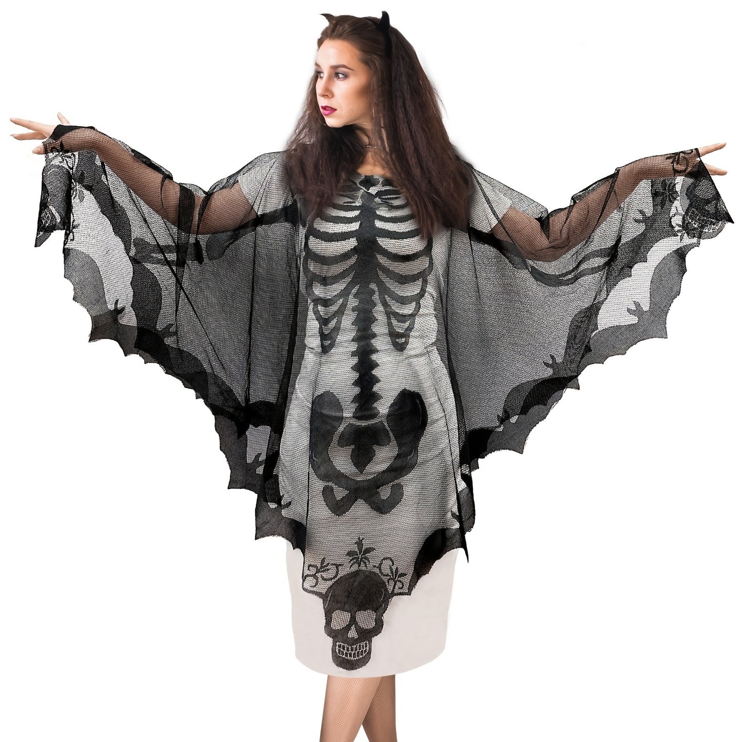 1pc, Black Lace Skeleton Poncho (60*60in), Halloween Poncho Halloween Costumes, Day Of The Dead Costume, Aesthetic Room Decor, Festival Decoration, Party Decor