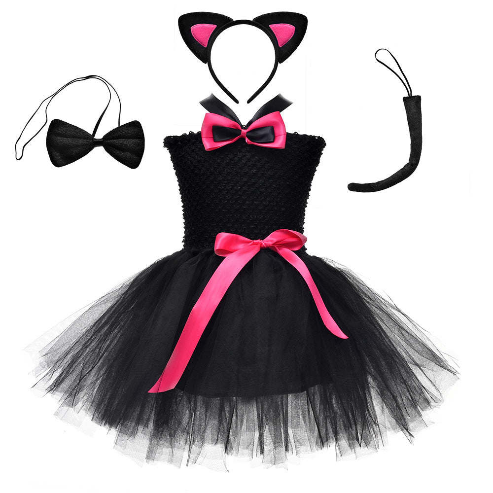 Children's Halloween Solid Color Cat Costume Mesh Tutu Dress & 1-Piece Jewelry Sets