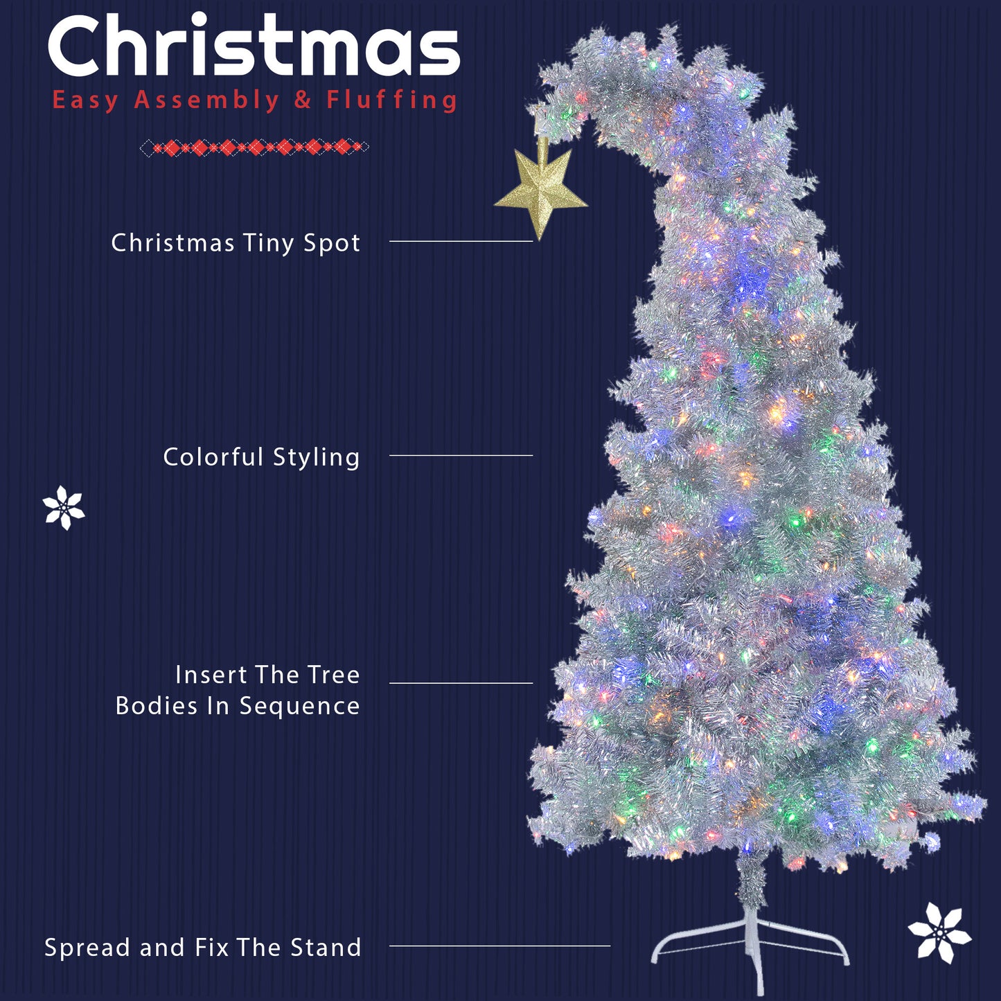 6 FT White Christmas Tree with 300 Colorful LED Lights, Bent Top With Gold Star