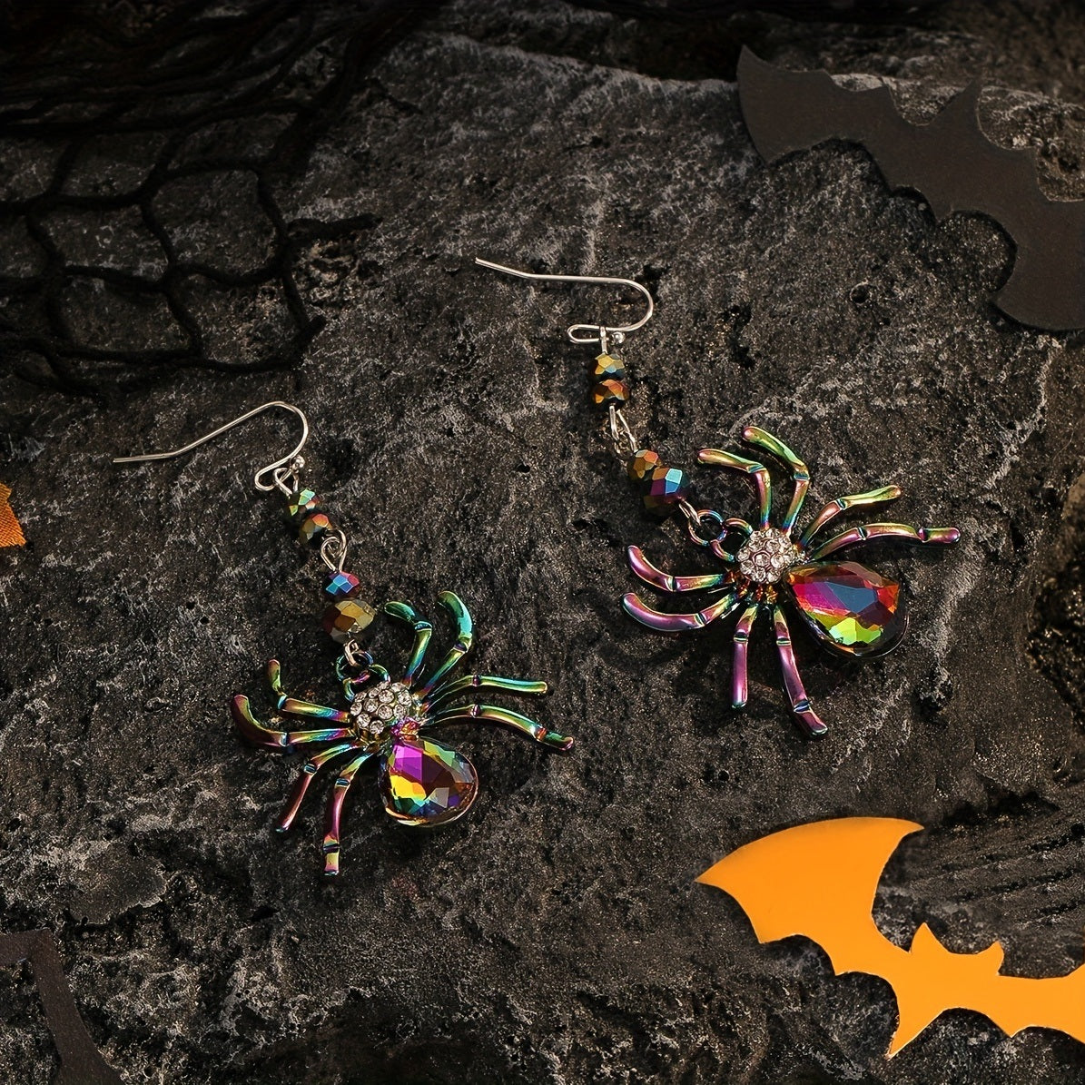 Halloween Colorful Rhinestone Spider Design Dangle Earrings Cute Vocation Style Zinc Alloy Jewelry Female Gift