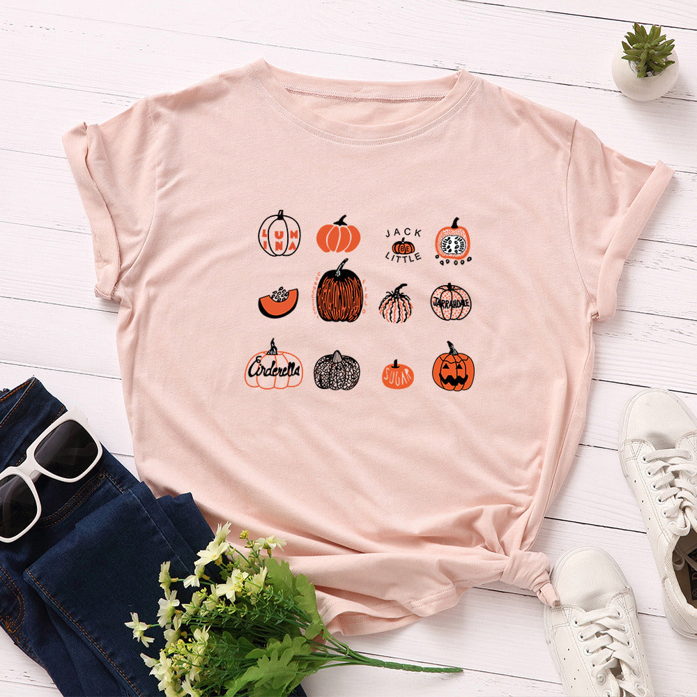 European and American Halloween Women's Creative Pumpkin Loose Round Neck Short Sleeve T-shirt