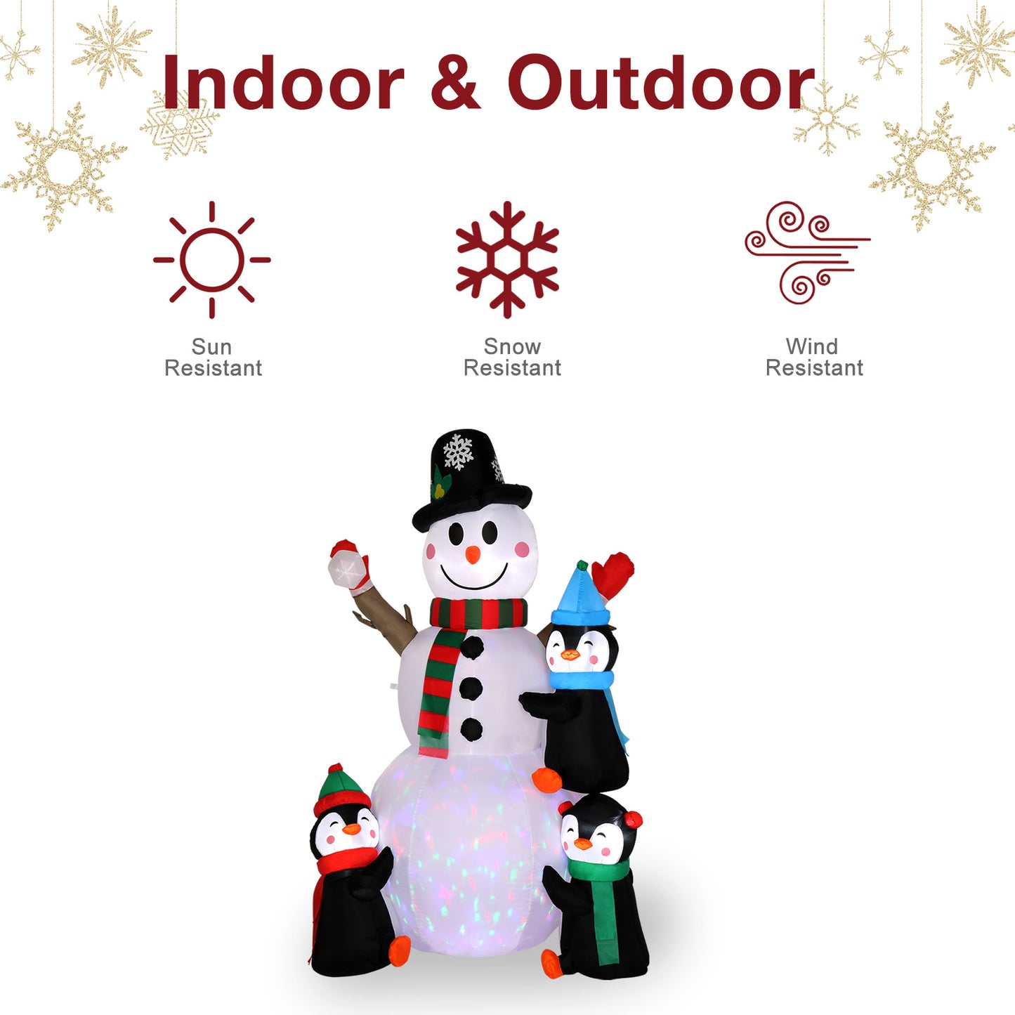 6ft With 3 Penguins, 4 Light Strings, 1 Colorful Rotating Light, Inflatable, Garden Snowman Decoration