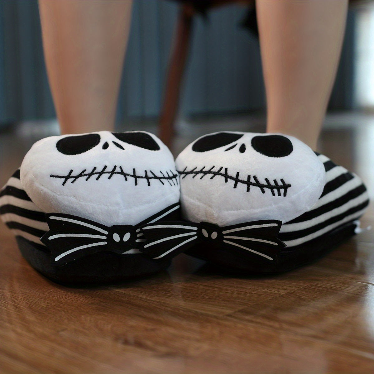 Skull & Striped Print Slippers, Casual Slip On Plush Home Shoes, Comfortable Indoor Halloween Shoes