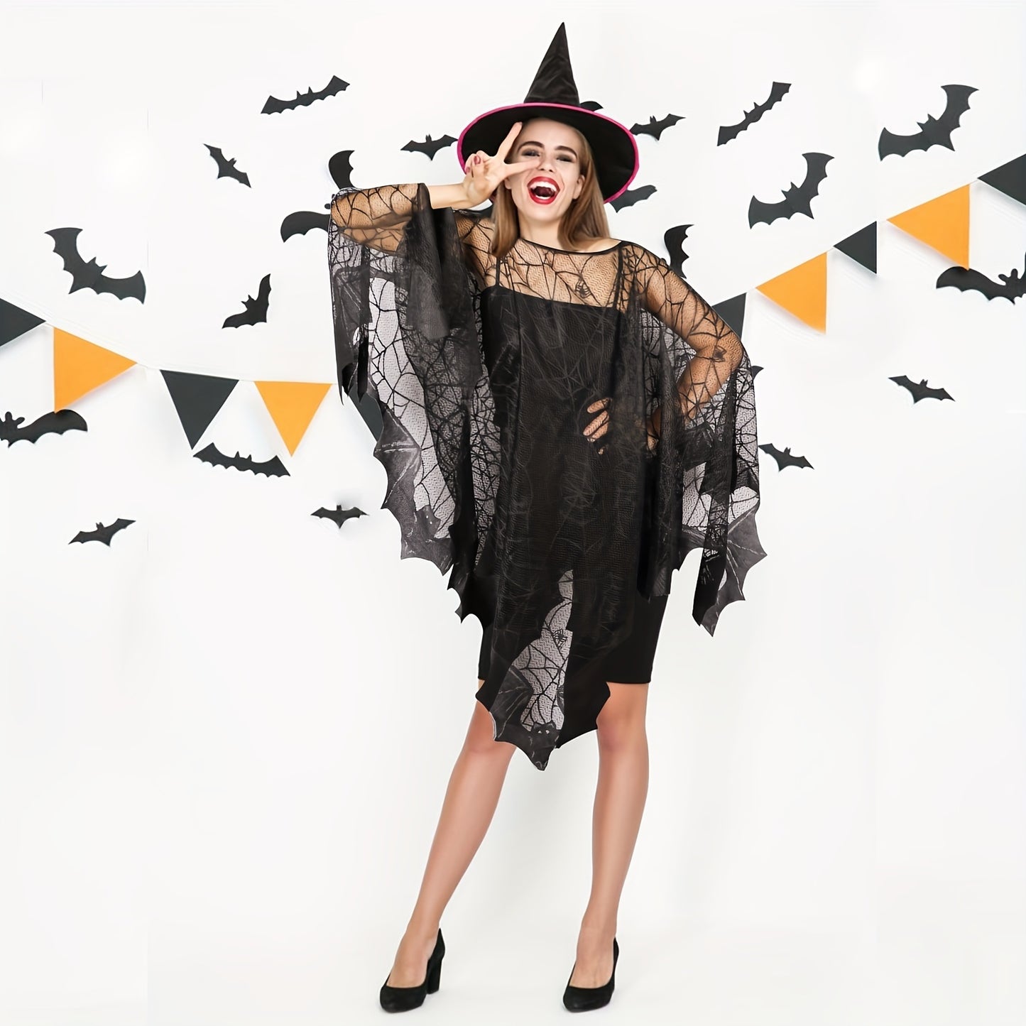 1pc, Black Lace Skeleton Poncho (60*60in), Halloween Poncho Halloween Costumes, Day Of The Dead Costume, Aesthetic Room Decor, Festival Decoration, Party Decor