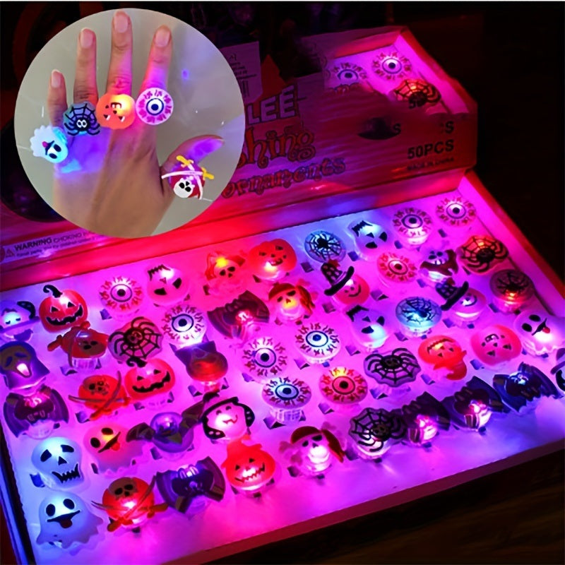 10pcs/20pcs/50pcs Random Color Halloween Christmas Glitter Ring Luminous Ring LED Pumpkin Ghost Head Finger