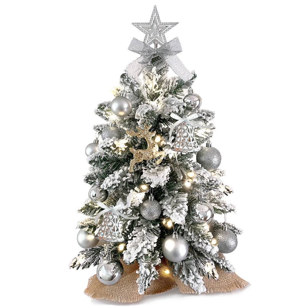 2ft Mini Christmas Tree with Light Artificial Small Tabletop Christmas Decoration with Flocked Snow;  Exquisite Decor & Xmas Ornaments for Table Top for Home & Office