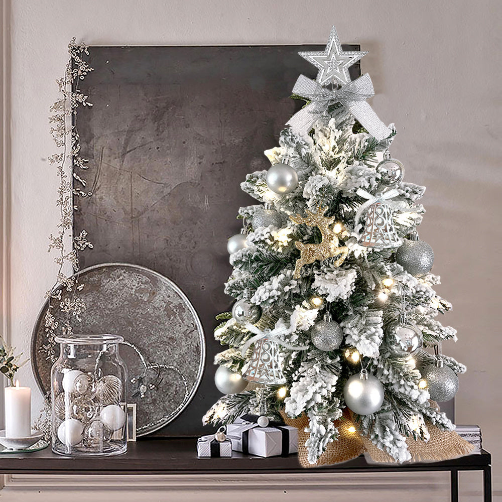 2ft Mini Christmas Tree with Light Artificial Small Tabletop Christmas Decoration with Flocked Snow;  Exquisite Decor & Xmas Ornaments for Table Top for Home & Office