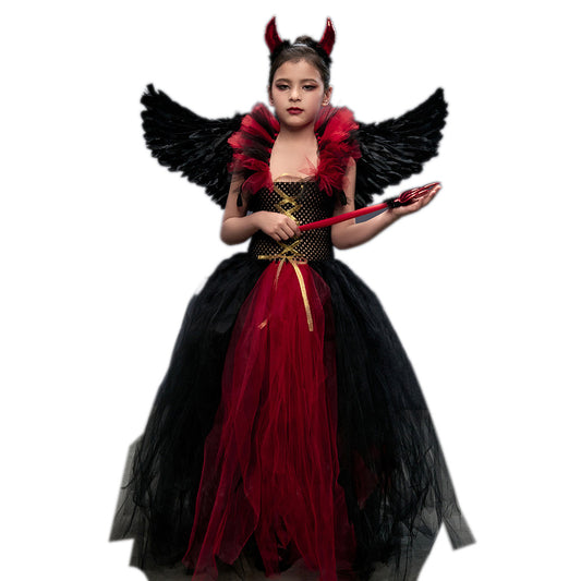 3Pcs Girls Halloween Devil Costume with Horn Headpiece Wings