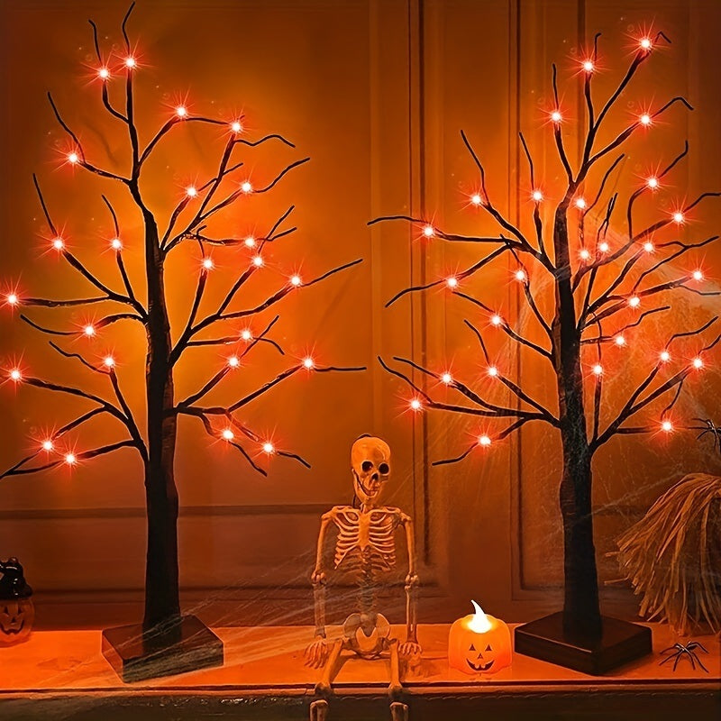 1pc 2FT LED Spooky Tree Lights, Orange, Lighted Black Halloween Tree For Tabletop, Battery Operated Halloween Tree With Lights For Halloween Decorations Indoor Home