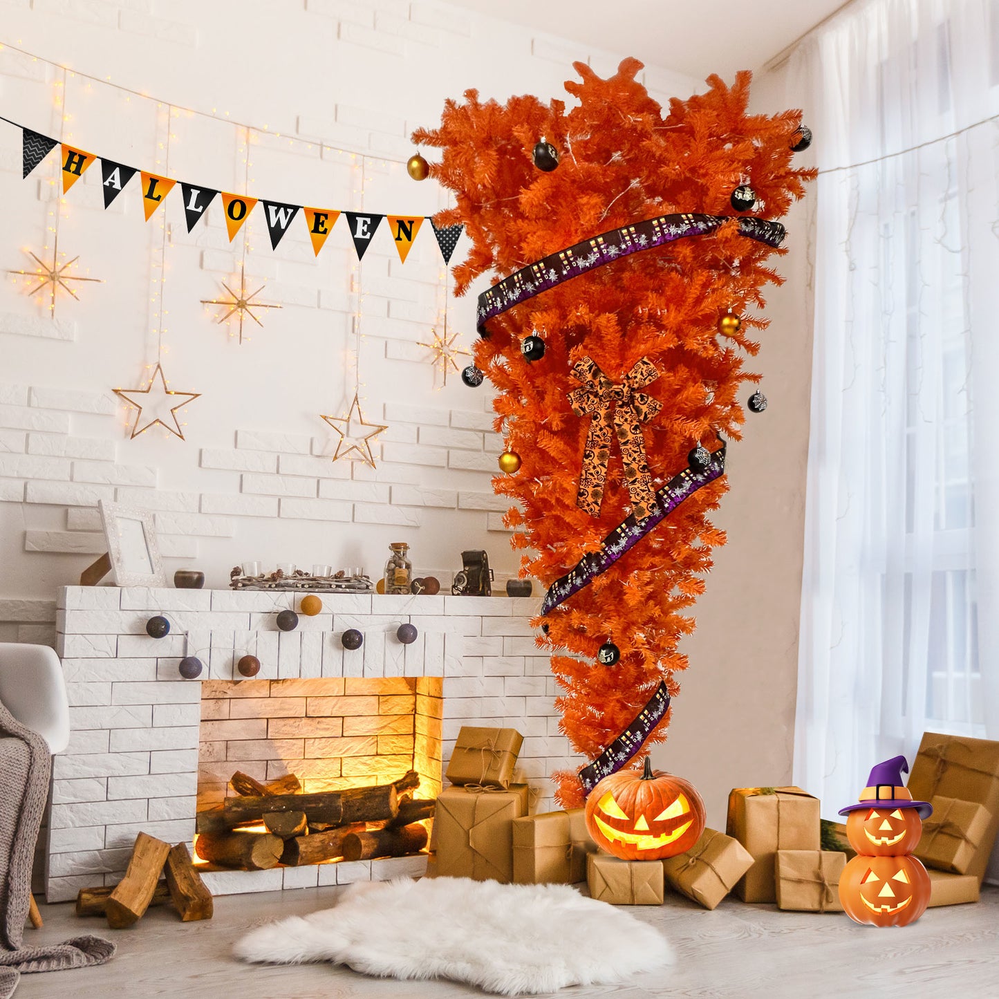 7.5 FT Orange Upside Down Christmas Tree with 300 LED Warm Lights X-mas, Halloween-themed Ornaments and Satin Ribbon