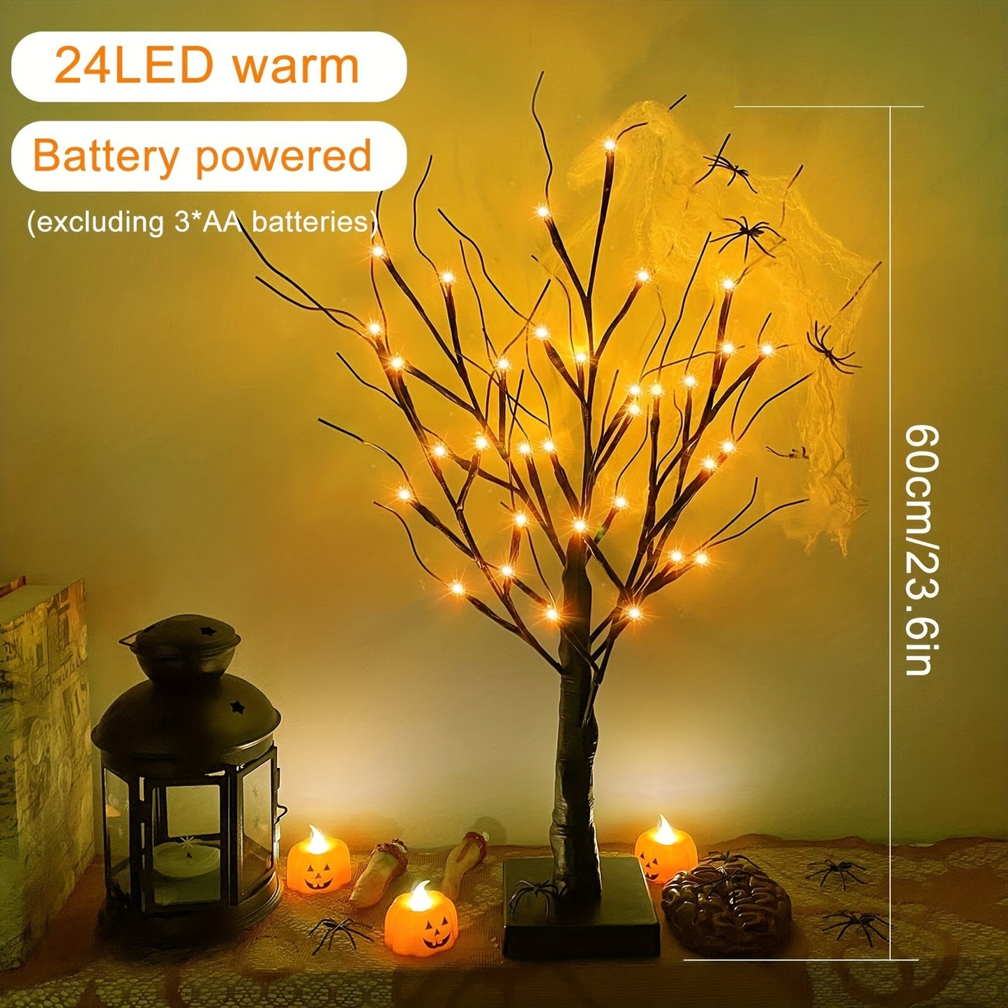 1pc 2FT LED Spooky Tree Lights, Orange, Lighted Black Halloween Tree For Tabletop, Battery Operated Halloween Tree With Lights For Halloween Decorations Indoor Home