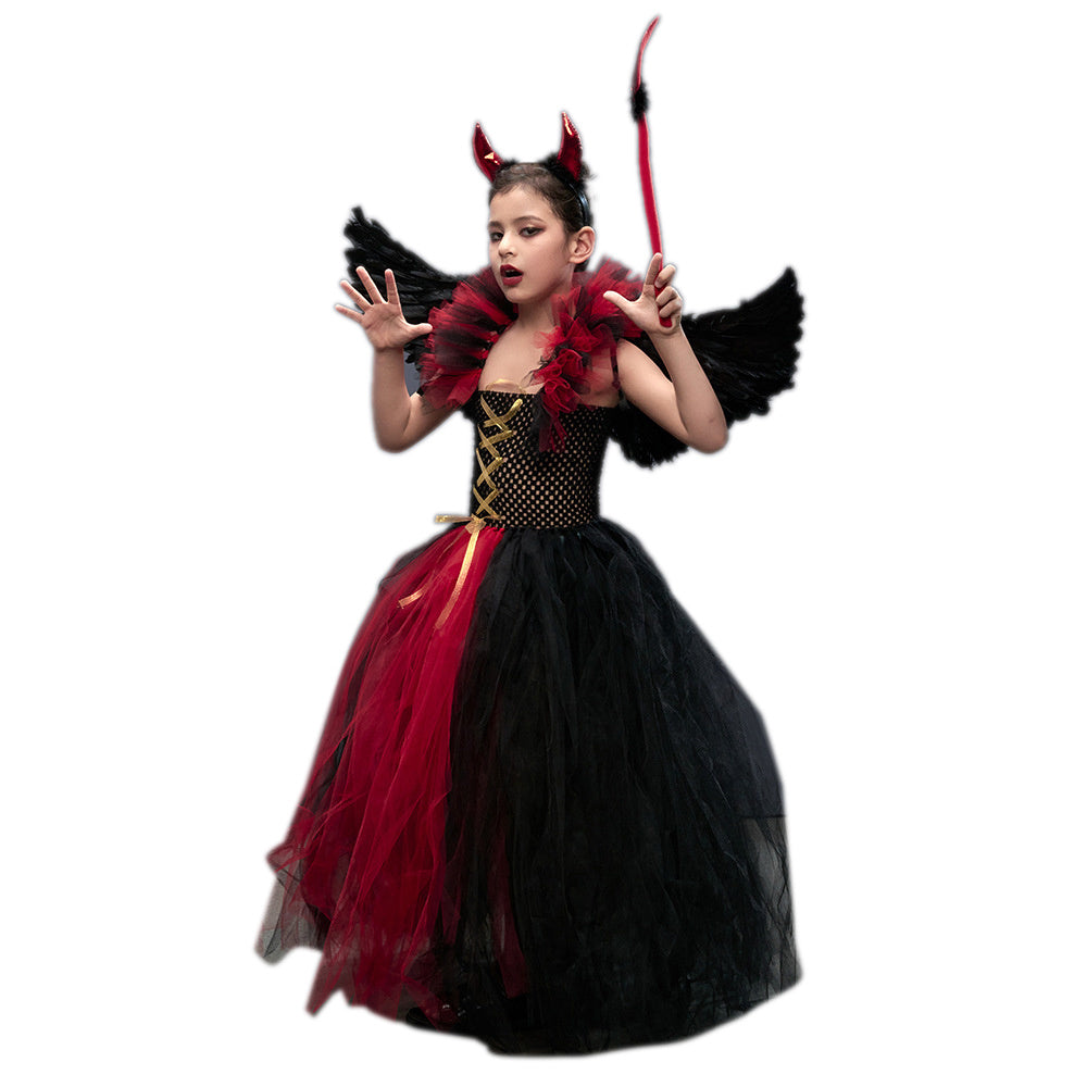 3Pcs Girls Halloween Devil Costume with Horn Headpiece Wings